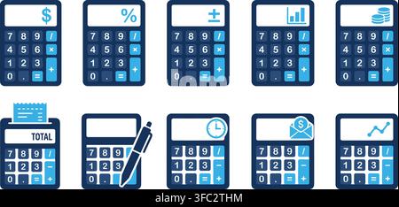 Blue calculator icons set with various financial symbols for accounting and mathematical applications. Stock Vector