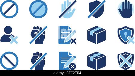 Blue prohibition icons set with various denied access symbols for security and restriction purposes. Stock Vector
