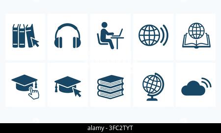 Blue vector icons representing online education, learning resources, and digital cloud services for academic platforms. Stock Vector