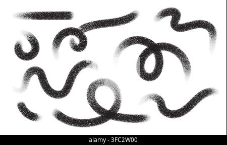 Grainy halftone spray strokes and swirled squiggle lines set, abstract black stippled brush curves with faded grunge texture overlay vector elements. Stock Vector