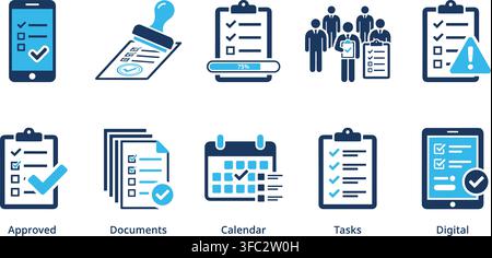 Business documents and task management blue vector icons set with approved checklists and calendar for workflow efficiency. Stock Vector