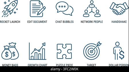 Business and productivity blue line icons set on transparent background featuring rocket launch growth chart and target. Stock Vector
