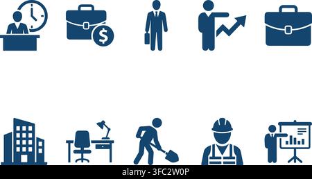 Business and office icons for finance, work, and progress, illustrating professional activity and growth. Stock Vector