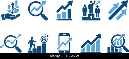 Business growth and financial success icons in blue color palette for corporate statistics infographic reports. Stock Vector