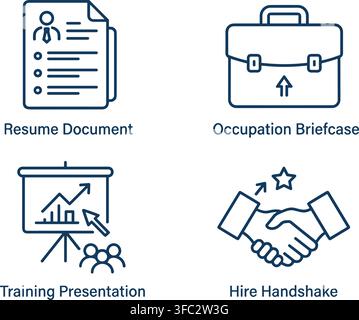 Business education and recruitment icon set showing resume occupation briefcase training presentation and handshake. Stock Vector