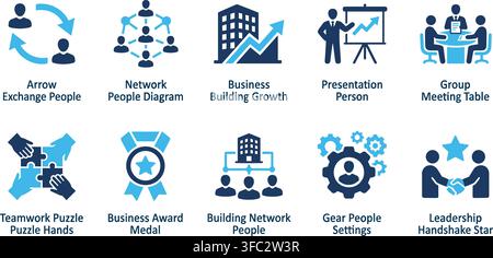 Business and teamwork vector icons set for collaboration and corporate strategy development. Stock Vector