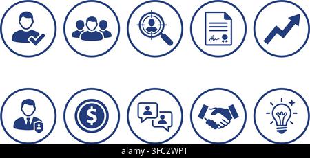 Circular business icons, blue, representing people, finance, and ideas for professional networking and success. Stock Vector