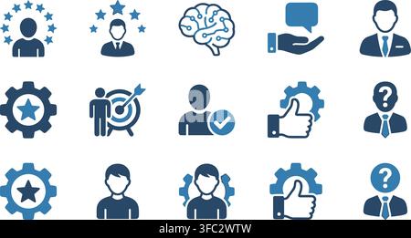 Business management and human resources icons showing blue profile silhouettes for skills, rating and user support. Stock Vector