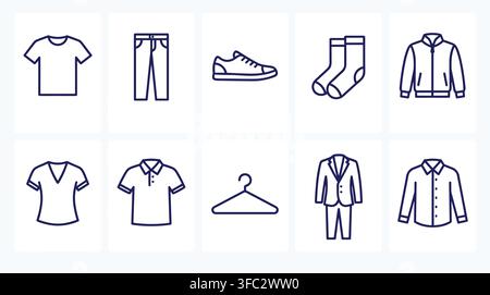 Clothing line icons set with classic menswear womenswear and footwear on transparent checkered background design. Stock Vector