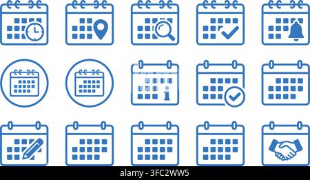 Calendar schedule events icons set blue date planning management tools appointment organization reminders deadlines. Stock Vector