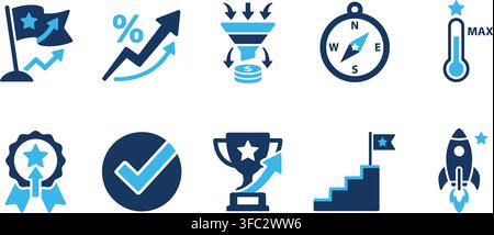 Business growth icons with blue and teal colors for success strategy and planning visuals. Stock Vector