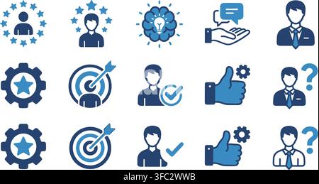 Business people management icons featuring blue graphical elements for professional corporate presentations and websites. Stock Vector