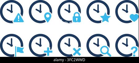 Clock with exclamation mark, location pin, lock, star, heart, flag, plus, cross, search and question icons. Stock Vector