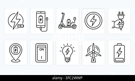 Clean energy line icon set in gray square boxes showing electricity generation sustainable power and device charging. Stock Vector