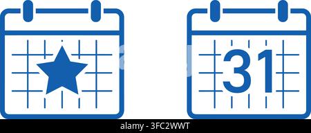 Calendar icons in blue with star and number 31 offers versatile symbols for date marking, events, or scheduling designs. Stock Vector
