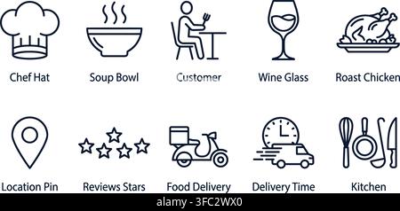 Chef hat, soup bowl, customer, wine glass, roast chicken, and other food related outline icons set. Stock Vector