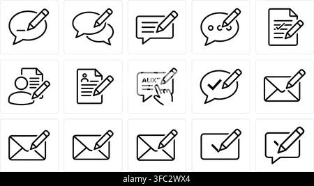 Chat, document, cv, mail, form, email with pencil write edit update message outline icon set. Stock Vector