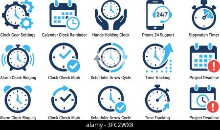 Clock icon set with gear and calendar symbols in blue design for scheduling project management and time tracking tasks. Stock Vector