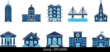 City municipal and residential buildings blueprint style icon set containing school bank hospital church and home. Stock Vector