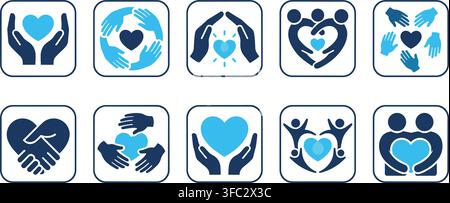 Charity heart icons featuring caring hands and community support symbols for nonprofit volunteer engagement services. Stock Vector