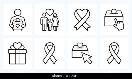 Charity icons collection including donation box people ribbon gift box heart cursor click hand donate symbols linear. Stock Vector