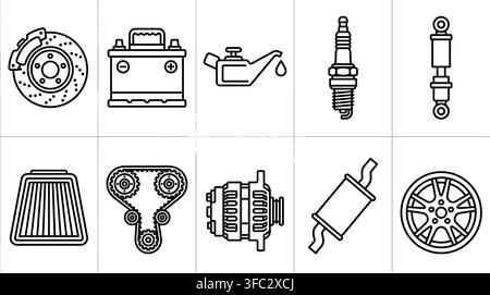 Car auto parts outline icons set with brake disc battery spark plug and engine belt for repair shop services. Stock Vector