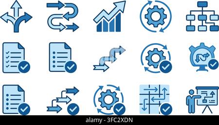 Business process and workflow management blue flat icons set on transparent background for corporate presentation. Stock Vector