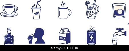 Collection of beverage icons including coffee, tea, juice, and spirits for menu and drink graphics. Stock Vector