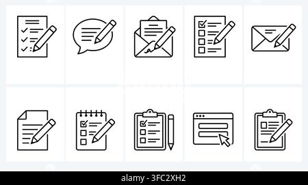 Collection of line icons depicting documents, writing, and communication for business and administrative tasks. Stock Vector