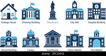 Collection of blue government and public building icons for urban infrastructure education healthcare and safety. Stock Vector