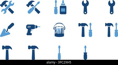 Collection of hand tool icons, including hammers, wrenches, and screwdrivers for DIY and repair. Stock Vector