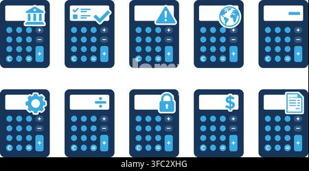 Collection of calculator icons with diverse symbols like bank, checkmark, warning, globe, and dollar sign. Stock Vector