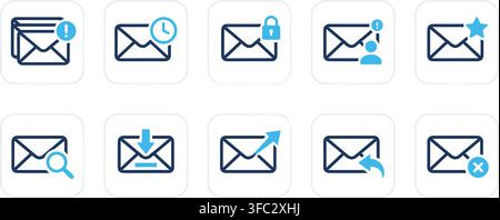 Collection of blue and navy email icons with different functions like security and notification. Stock Vector