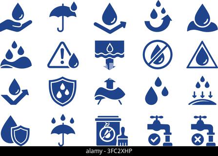 Collection of blue icons related to water conservation, protection, and usage for environment. Stock Vector
