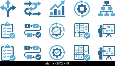 Collection of blue planning and strategy icons representing workflow routes growth charts hierarchy and management. Stock Vector