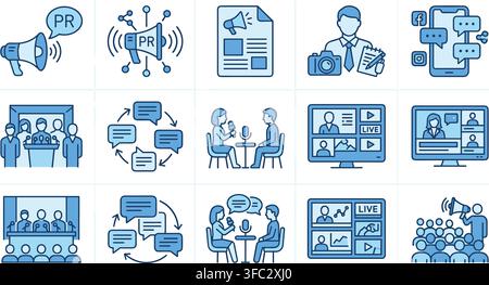 Collection of blue public relations icons featuring megaphone press conference media interviews and social networks. Stock Vector