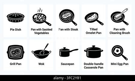 Collection of various black kitchen cooking pans skillet wok casserole and saucepan icons on white background. Stock Vector