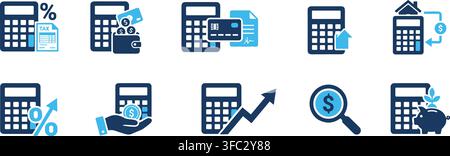 Comprehensive financial calculator icon set with blue accents for banking investment and tax planning applications. Stock Vector