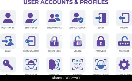 Collection of user accounts and profiles square violet icons for web design including login and security settings. Stock Vector
