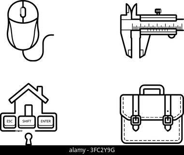 Computer mouse vernier caliper home keys and briefcase outline icons isolated on transparent background design set. Stock Vector