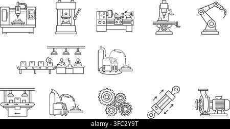 Collection of industrial manufacturing machines and equipment icons including CNC, press, lathe, mill, and robot arm for production. Stock Vector