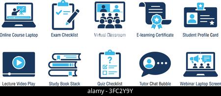 Collection of online education icons in blue and teal colors representing learning and study for digital courses. Stock Vector