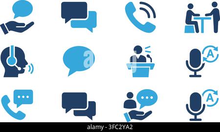 Communication icons featuring hands, phones, and people speaking for diverse applications. Stock Vector