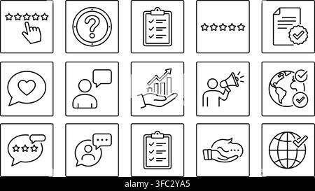 Collection of linear icons representing customer feedback reviews survey checklists rating stars and social media. Stock Vector