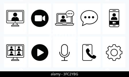 Communication icon collection with black video meeting laptop chat speech bubble mobile call settings gear ui elements. Stock Vector