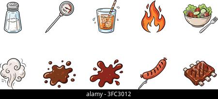 Colorful barbecue and grilling related items vector illustration set for outdoor cooking and summer concepts. Stock Vector