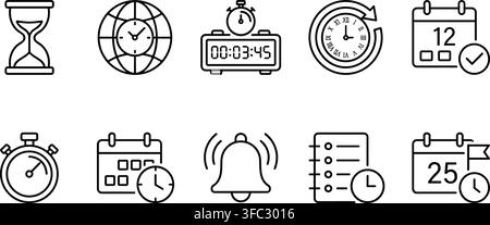 Comprehensive time and date management line icons including hourglass clock calendar and stopwatch for scheduling apps. Stock Vector