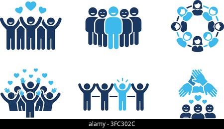 Community support line icons with blue color tone for social connection and teamwork concept on checkered backdrop. Stock Vector