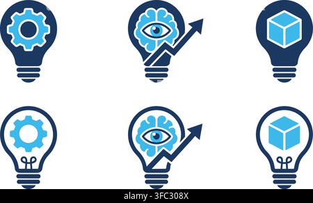 Creative lightbulb concept icons featuring blue gear and brain elements for innovation and business strategy development. Stock Vector