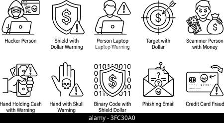 Cyber security and financial fraud prevention icons illustrating hacker phishing credit card scam and money warning. Stock Vector